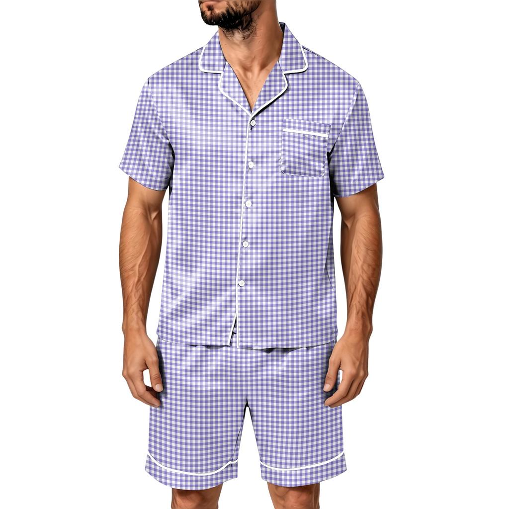 Men's Short Sleeve Pajama Set with Pockets - Soft Satin Stripe Plaid Print Two-Piece Outfit for Home and Casual Wear