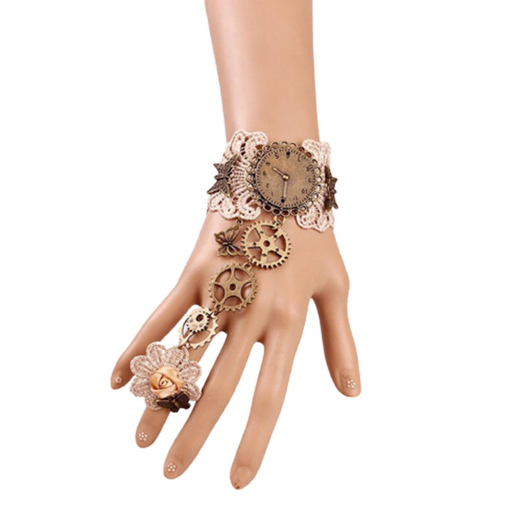 Women Bracelet Ring in 2 Colors with Gear Clock Wrist Guard and Adjustable Ring with Long Bracelet Women Cosplay Props
