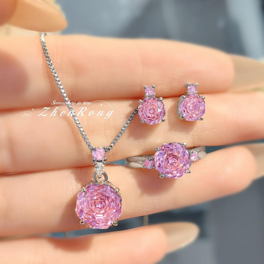 Women Jewelry Set Octagon Rose Cut Necklace Pendant with High Carbon Diamond Red Earrings Pink Ring