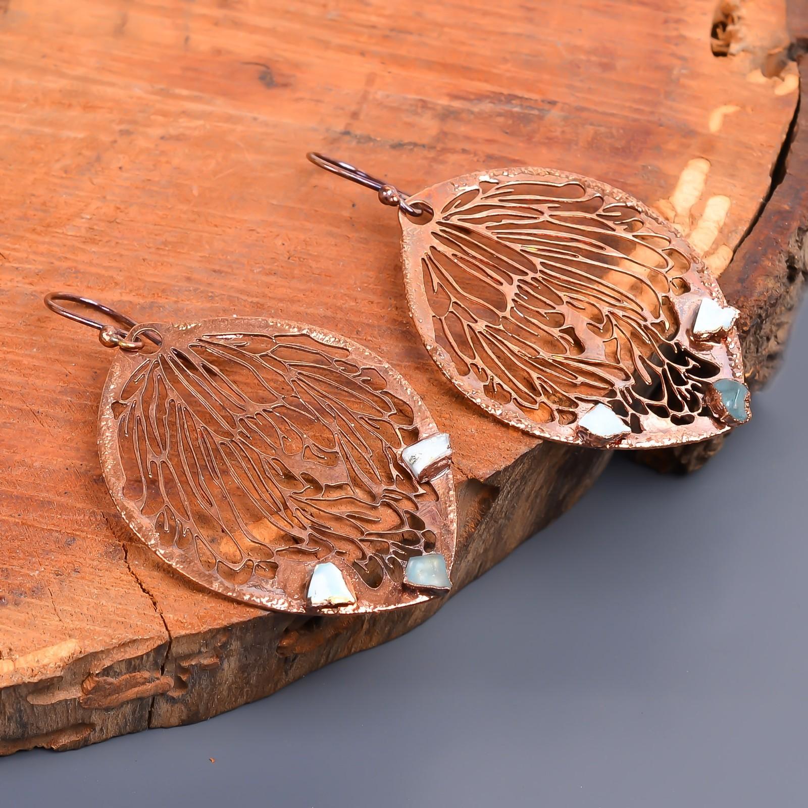 

Natural Larimar Copper Hook Mother Gift Wedding Dangle Electroformed Earrings V-46