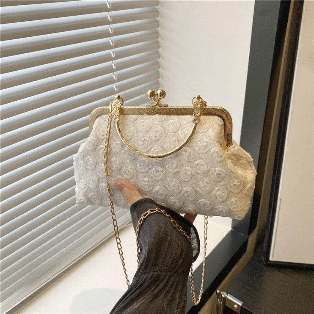 

Сумка через плечо с замком-поцелуем в виде цветка, цепочка, сумка кроссбоди, элегантная сумка для вечеринки, банкета, для дам белый