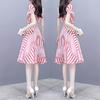 Women Pink Tight Waist Lacing Stripe Printing Short Sleeve Dress