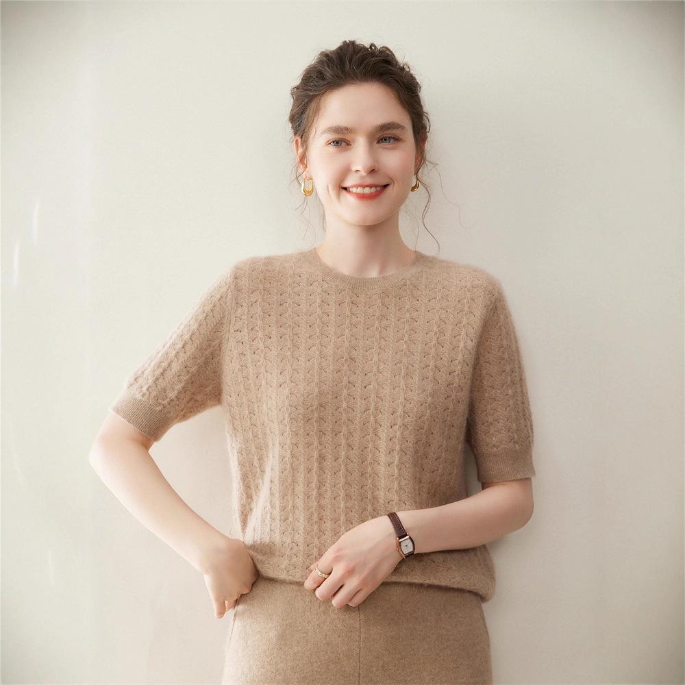 2026 Spring/Summer Women's Pure Cashmere Short Sleeve Round Neck Cable Knit Sweater Pullover Top
