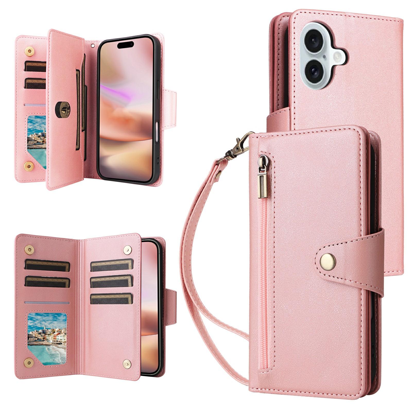 

For iPhone 17 Case Zipper Wallet Rivet Decor Leather Phone Cover with Wrist Strap Rose Gold