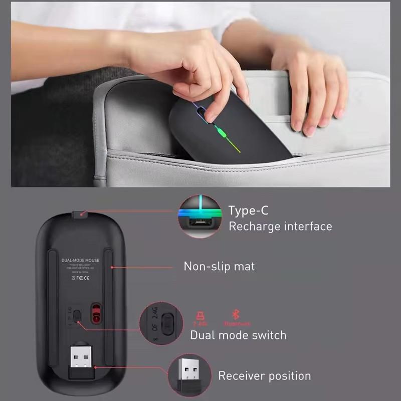 LED Wireless Mouse Rechargeable Silent Bluetooth-compatible Mouse Portable Dual Mode Computer Mice for Laptop Desktop MacBook