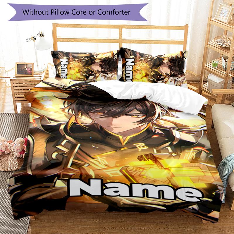 3pcs Custom Name Cartoon Genshin Impact Characters Bedding Set Duvet Cover Closure Includes 1 Duvet Cover & 2 Pillowcases for All Seasons Bedroom Deco
