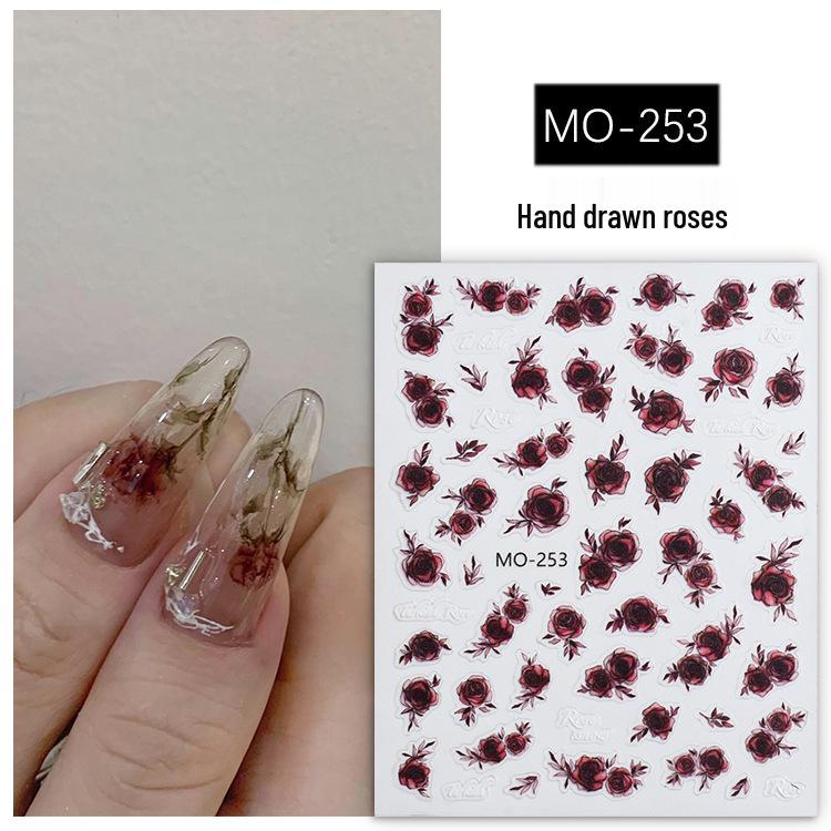 Gothic Rose Nail Art Stickers: Embossed, Semi-transparent, Blood Red, Hand-painted Design
