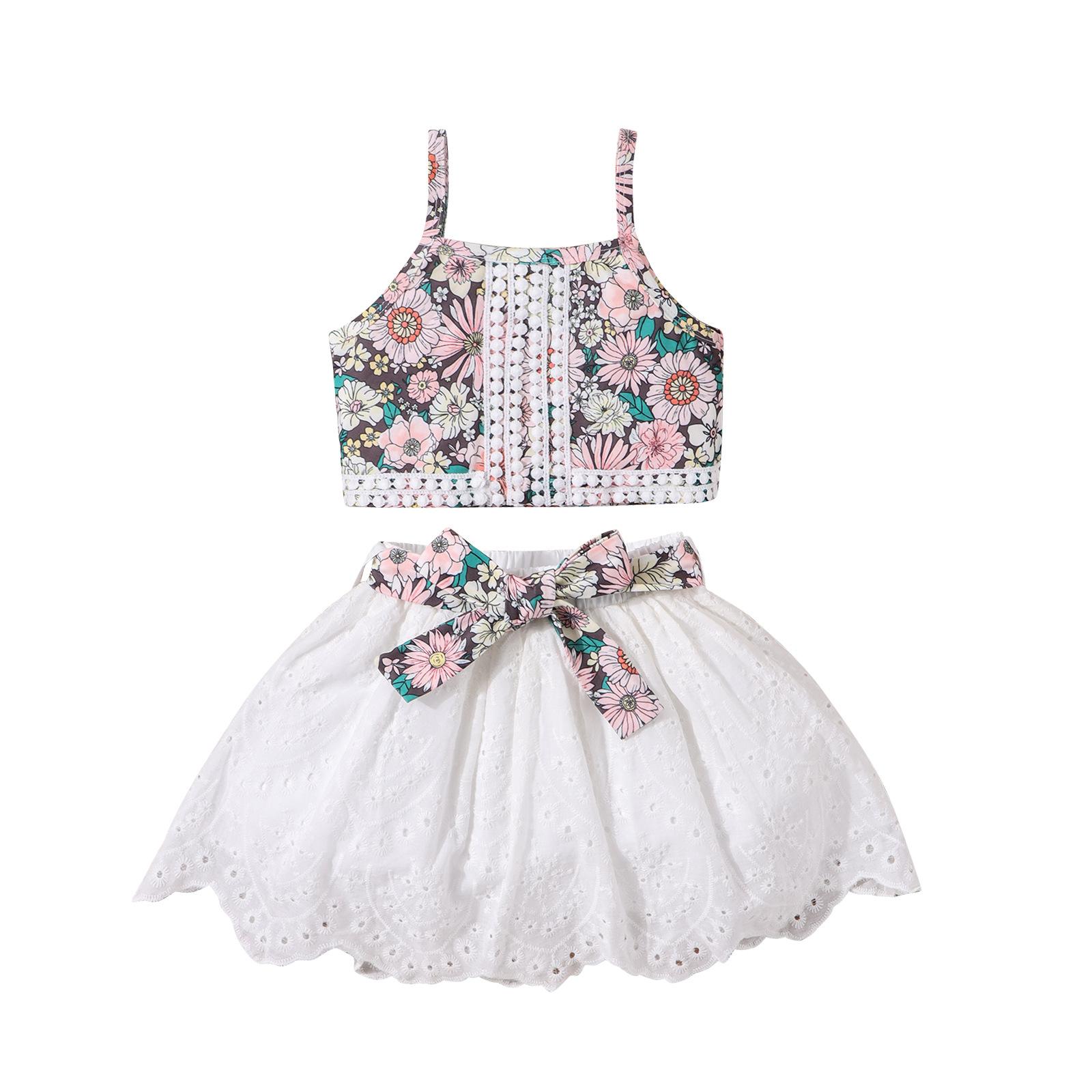 

Детский модный костюм, летний, для девочек, повседневный, с бретелью через шею, с цветочным принтом + ажурная юбка с поясом 6Y розовый