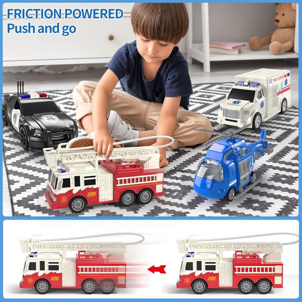 TEMI 4 Pack Emergency Vehicles for Kids, Helicopter, Police Car, Fire Truck, Ambulance Friction Powered Toys for Toddlers, Gifts for Age 3-12