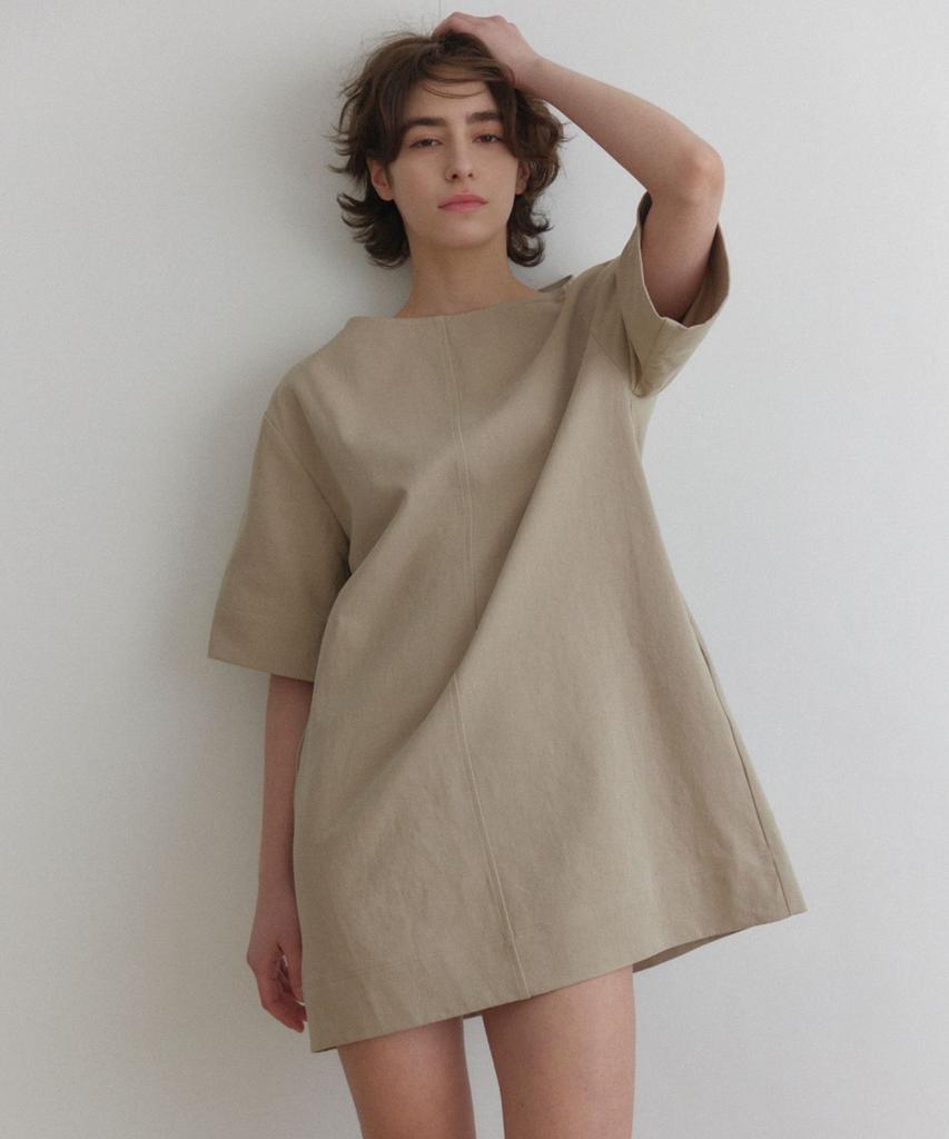 Okuka Boat Neck Cotton Dress - Beige