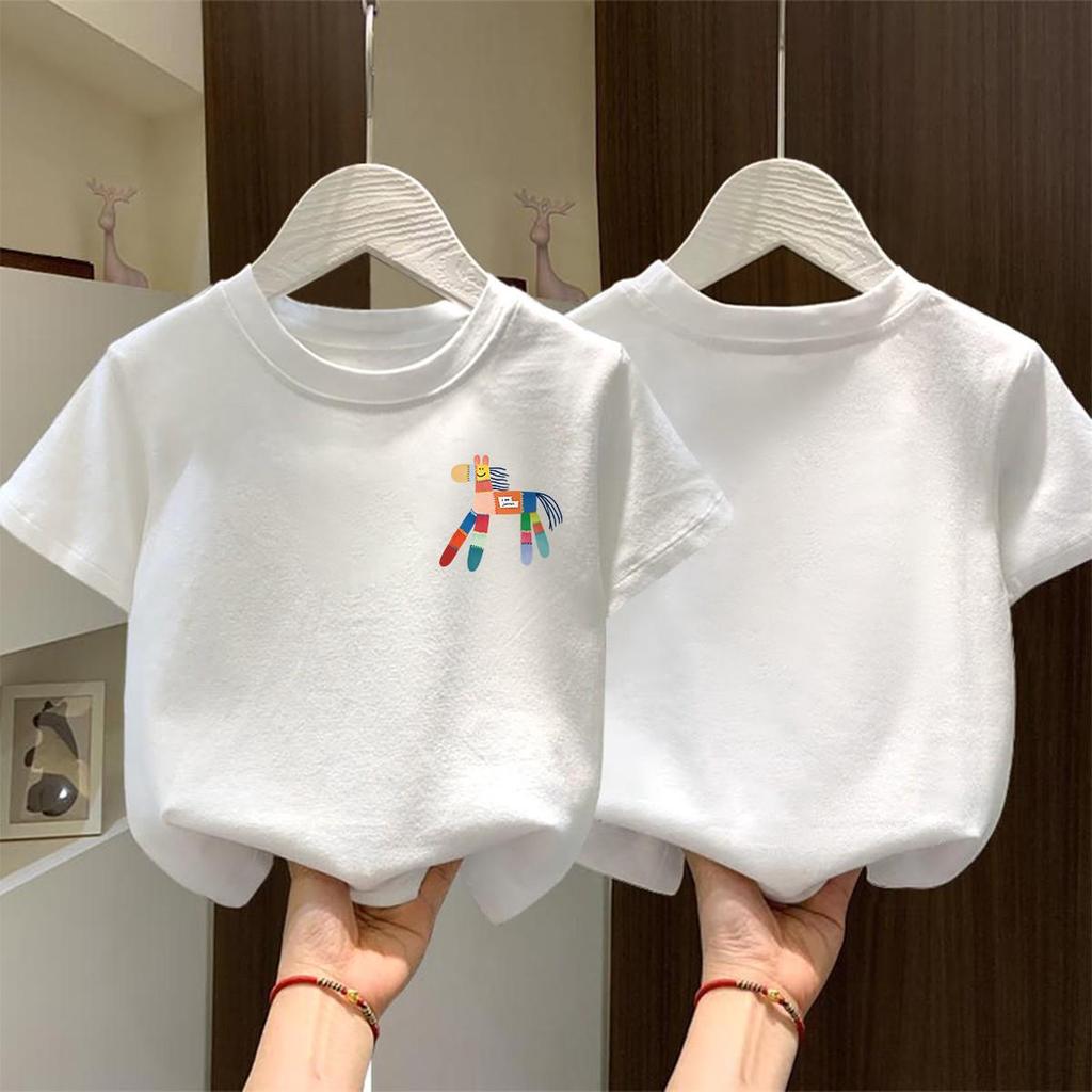 Girls' Summer Loose-Fit White Cotton Half-Sleeve T-Shirt