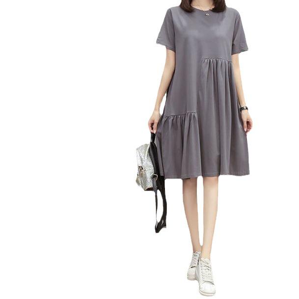 Mid-Length Korean Style Loose Plus Size Maternity Shirt Dress - Short Sleeve Summer Wear