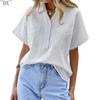 DX~Women's Cotton Linen Shirt Short Sleeved Henry Shirt Button Up V-neck Casual Work Top with Two Pockets