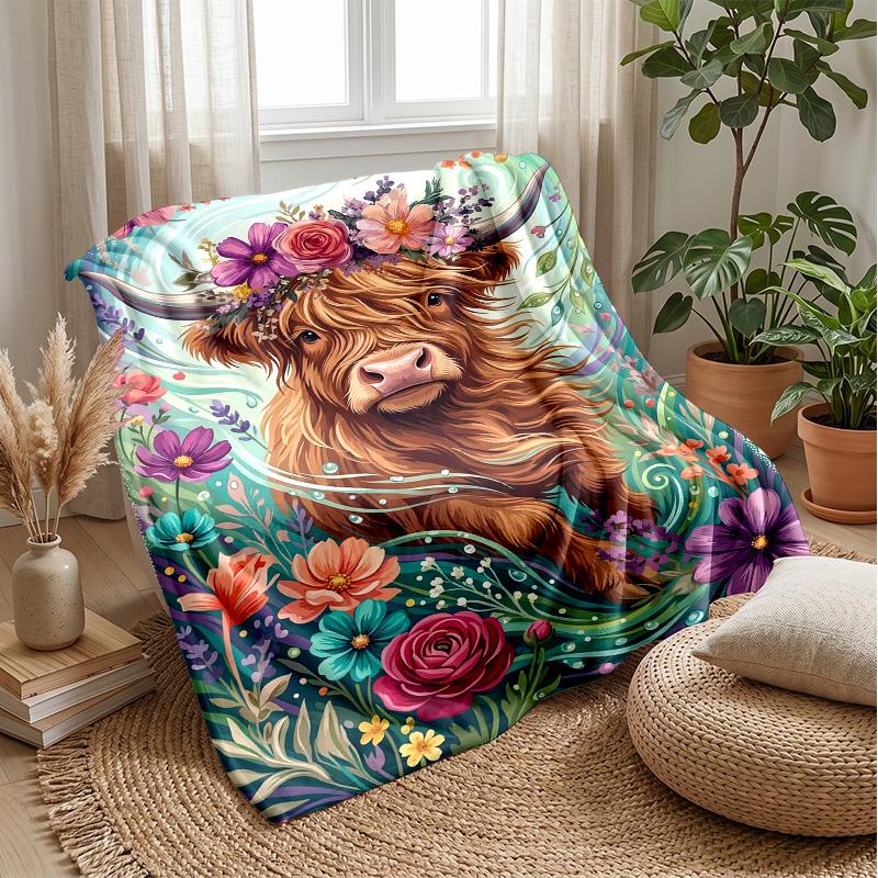 Floral Bull with Sunflowers Theme Blanket Lightweight Warm Flannel Blanket Decorative Throw Blanket for Home Decoration