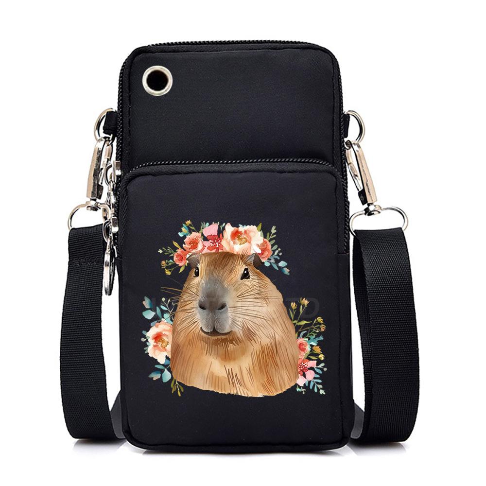 Multifunctional vertical black shoulder bag printed cartoon casual men's and women's portable mobile phone bag messenger bag