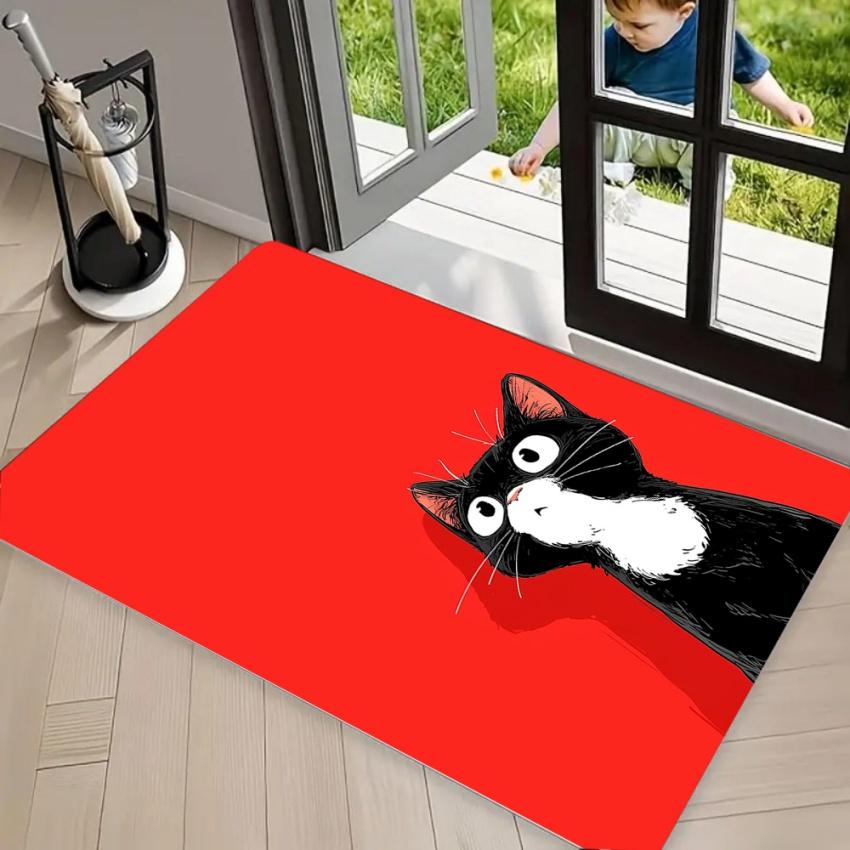 Cute Black Cat Skull DOORMAT Area Rug Pink Background with Gothic Bow Tie Stylish Non-Slip Floor Mat for Entryway