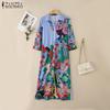 ZANZEA Women Turn Down Collar Loose Casual 3/4 Sleeve Print Long Dress