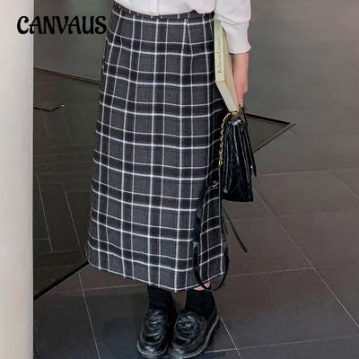Plus Size Women's Retro Plaid A-line Skirt Women Package Hip Half-body Skirt Winter High Waist Open Skirt