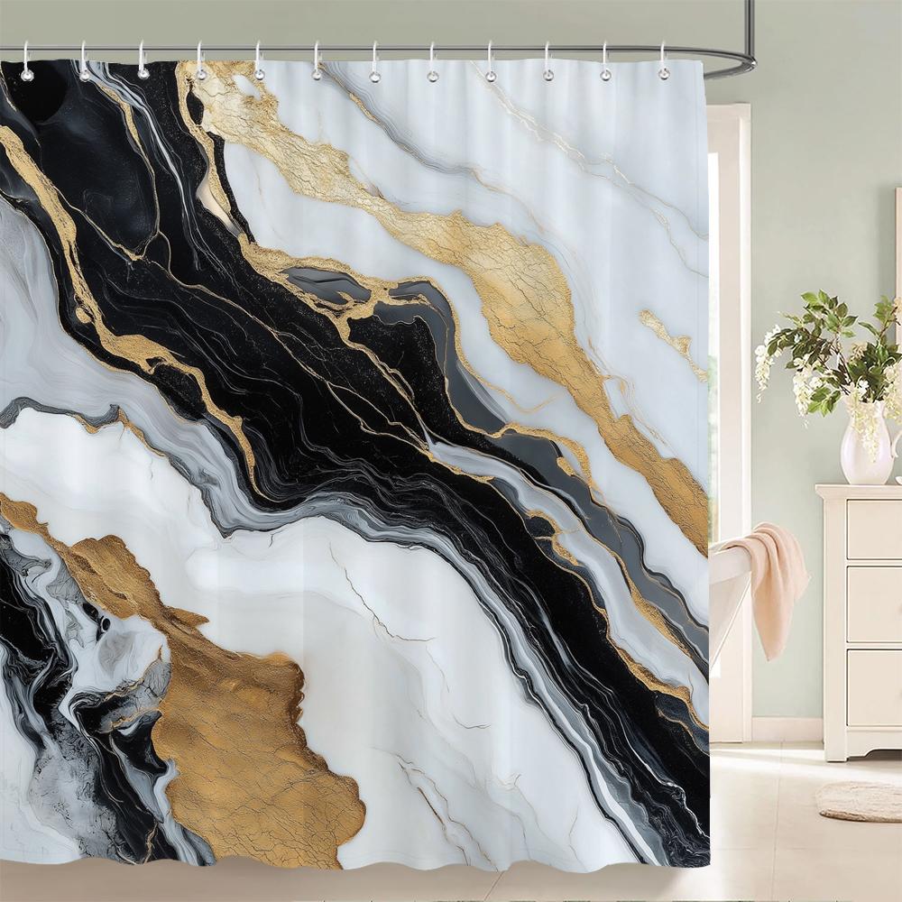 Abstract Marble Pattern Shower Curtain, Geometric Printed Bathroom Decorative Shower Curtain, Fabric Home Curtain with Hooks
