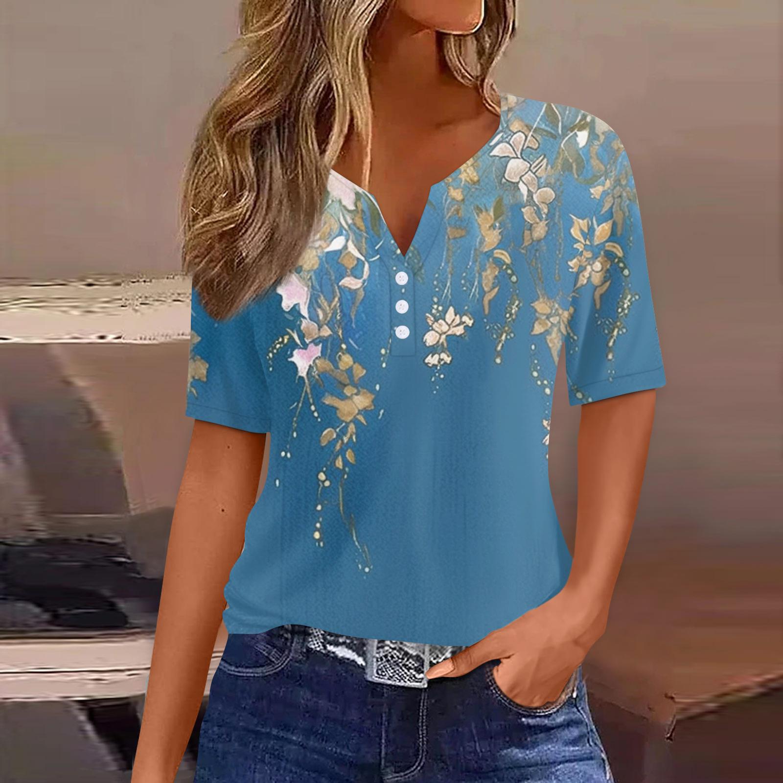 

Жіноча футболка з принтом і ґудзиками, з коротким рукавом, щоденна мода на вихідні, звичайний топ із V-подібним вирізом XL небо синє кольору