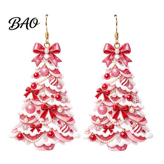 Fun Christmas Theme Earrings 2D Acrylic Earrings, Colorful Tree Dangle with Bow Decorative Holiday Decor, Lightweight Drop Jewelry, Decorations