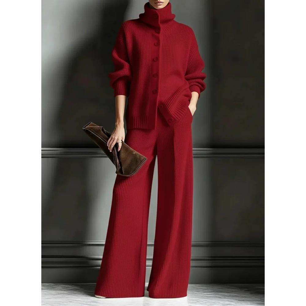 Europa, America, autunno e inverno, cardigan a collo alto tinta unita top a maniche lunghe set pantaloni a gamba larga set lavorato a maglia 2 pezzi
