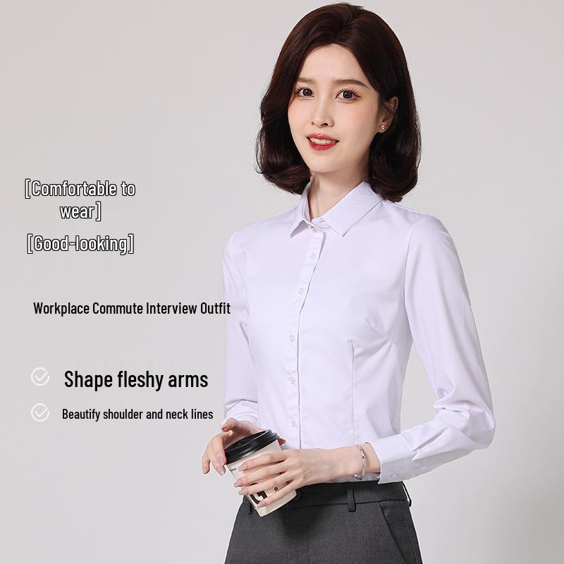 Modal Women's White Business Casual High-Stretch Non-Transparent Wrinkle-Resistant Slim Fit Shirt