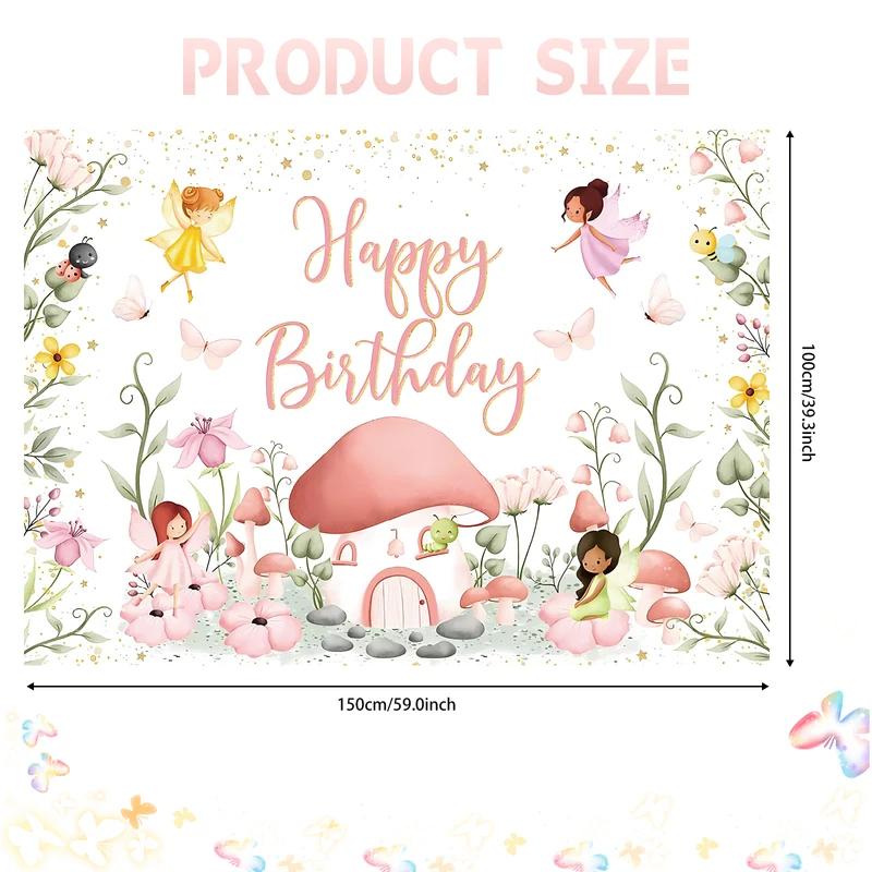 1 piece, 2D flat design, fairy birthday backdrop, fairy mushroom party decoration, butterfly garden birthday backdrop, wsj