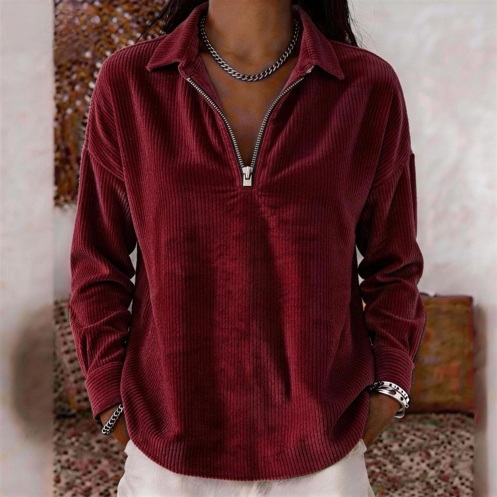 Women's Corduroy Long Sleeve Top with Loose Fit Turn-Down Collar Retro Blouse