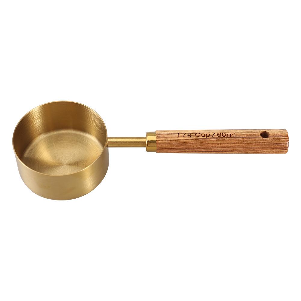 8-Piece Stainless Steel Measuring Cup & Spoon Set with Titanium Gold & Wooden Handles