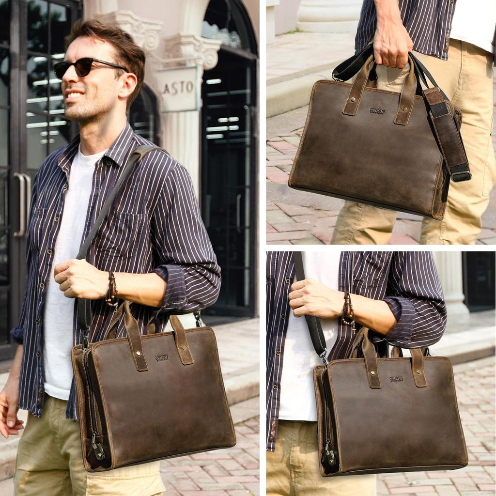 CONTACT'S Genuine Leather Business Bags for Men High Quality Briefcase Sling Shoulder Messenger Bags Tote 14 Inch Laptop Bags