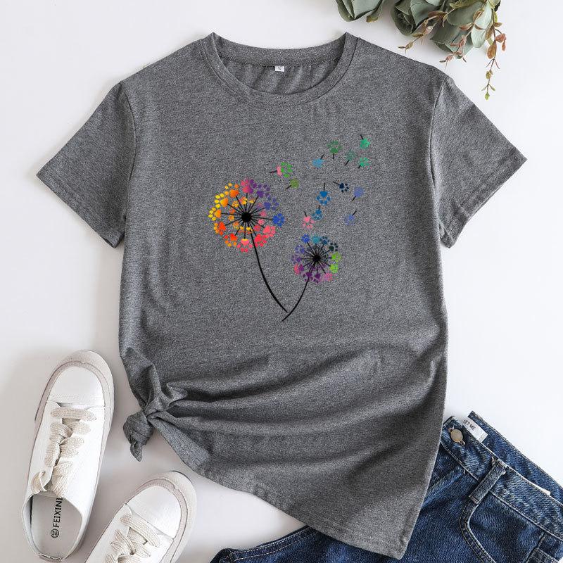 Summer Round Neck Colorful Dandelion Pattern Printed Top Fashionable Casual Short Sleeved Women's Pure Cotton T-shirts