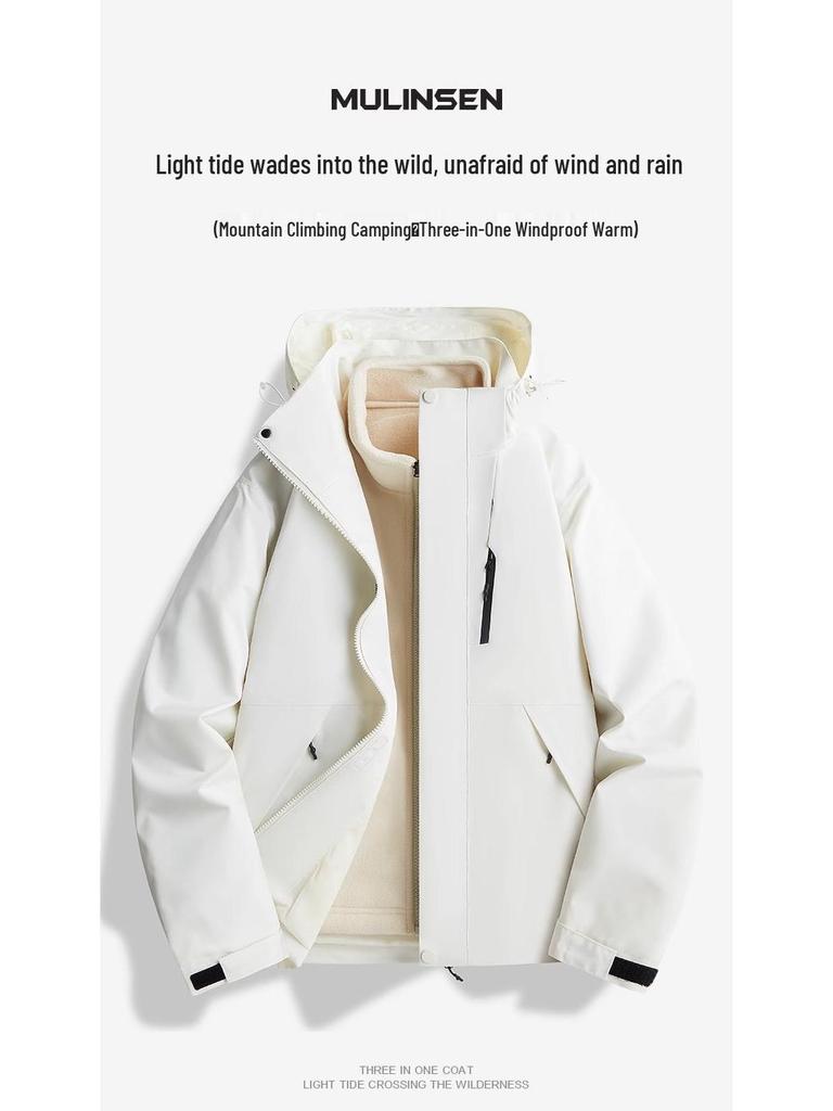 Unisex 2024 Autumn/Winter 3-in-1 Windproof Jacket: Waterproof, Fleece-Lined, Loose Fit, Casual Outerwear.