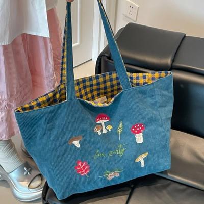 Mushroom Embroidered Shoulder Messenger Bag Corduroy Plaid Double-sided Bag Autumn and Winter New Retro Student Class Bag