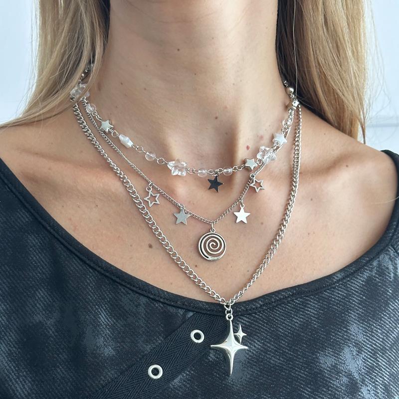 Punk Rock Silver Color Vortex Star Pendant Chain Layered Necklace For Women Men Charms Y2K Grunge Accessories Jewelry
