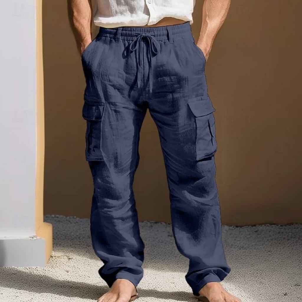 Men's Cotton Linen Cargo Pants Loose Fit Straight Leg with Multiple Pockets for Casual Wear