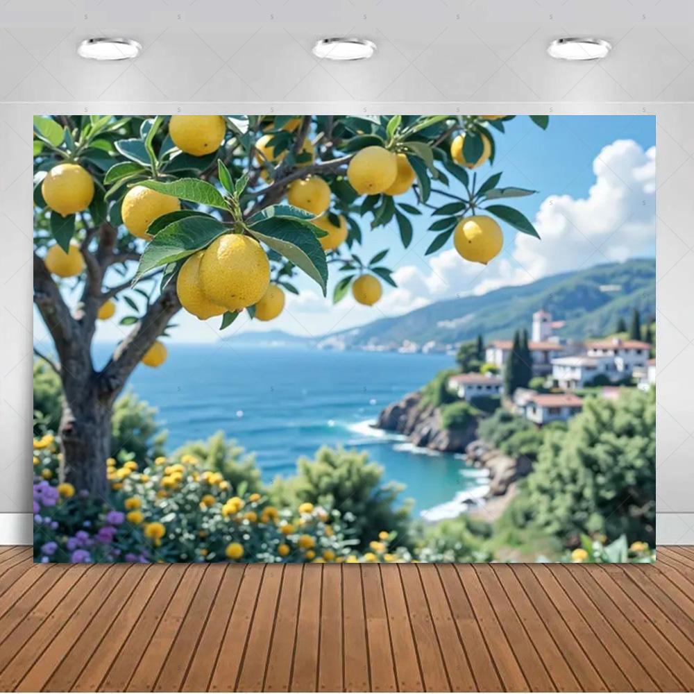 Seaside Town Lemon Tree Background Banner Open Window Landscape Backdrop Supplies Photography Prop Birthday Party Decorations