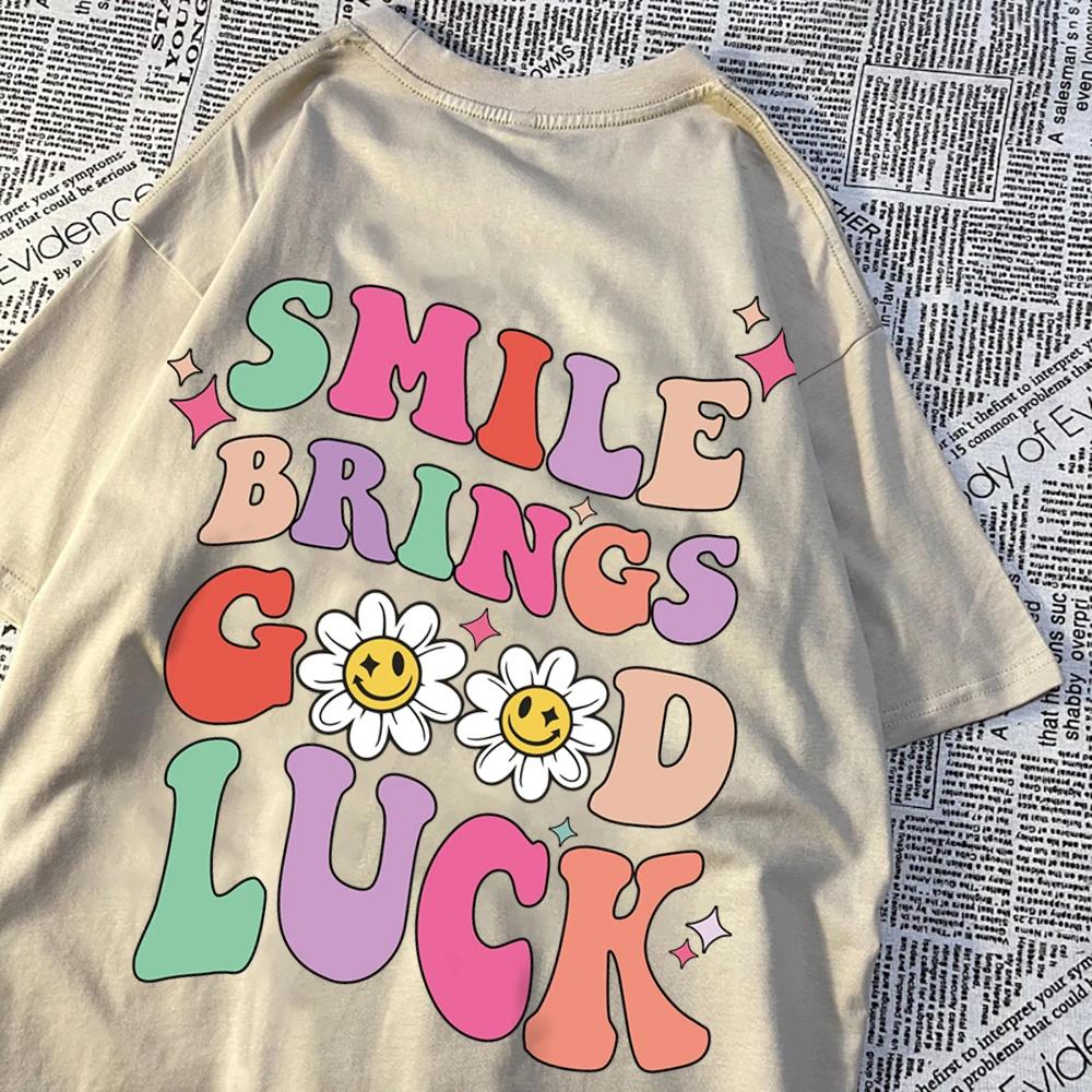 Smile Brings Good Luck Men Women Tshirt Pattern Cotton Tshirts O-Neck Breathable T-Shirt Simplicity Tee Clothes Couple Tops