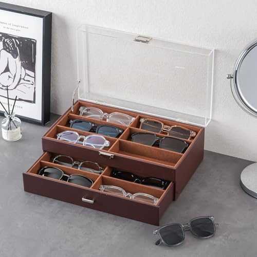 ProCase Sunglasses Case (for 12 pairs), 2-Tier Storage Box for Eyeglasses and Accessories, Acrylic Lid, PU Material, Eyeglass and Jewelry Management,