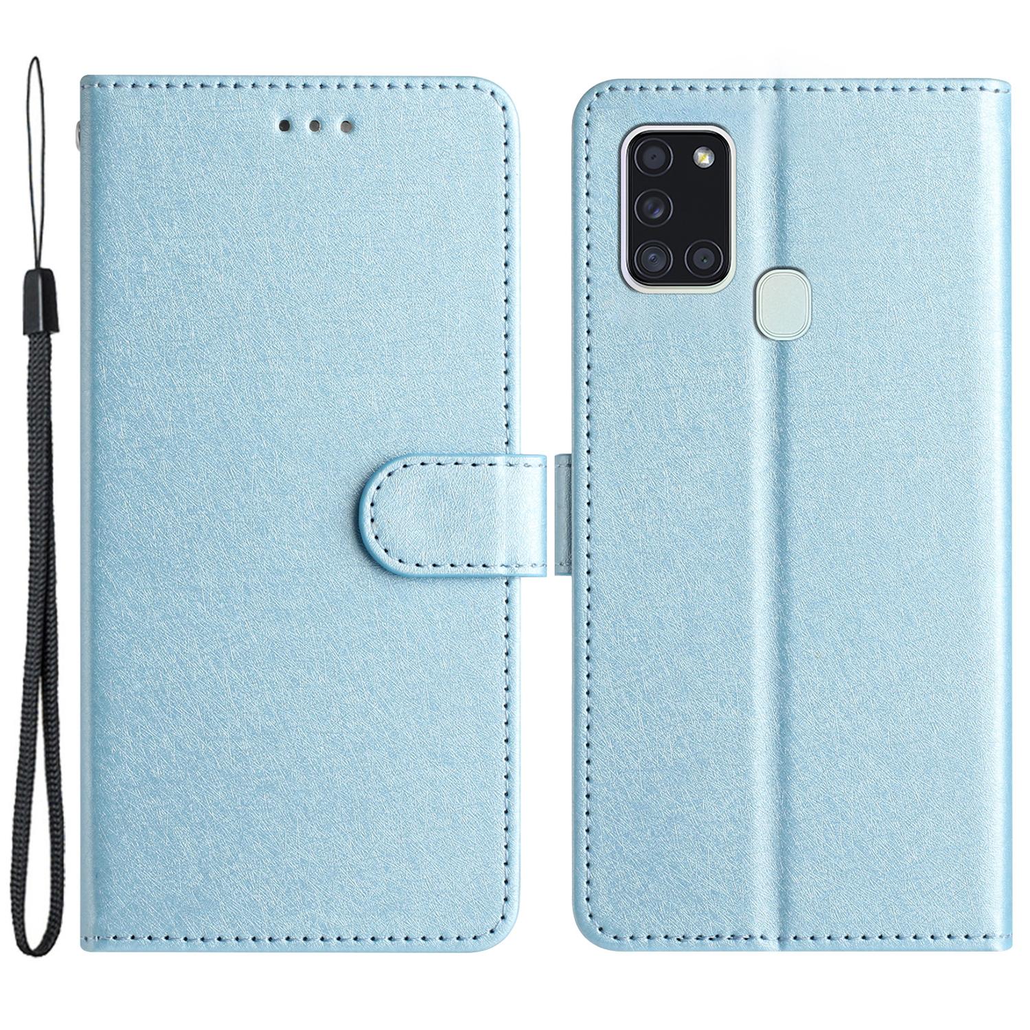 

Silk Texture Case for Samsung Galaxy A21s Folio Flip Leather Wallet Stand Shell with Hand Strap Sky Blue