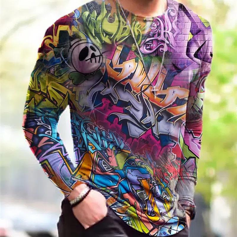 Gothic Street Style Hip Hop Rock Men's Long Sleeve T-Shirts Spring Autumn 3D Printing Youthful Vitality Tops Tees Plus Size 6XL