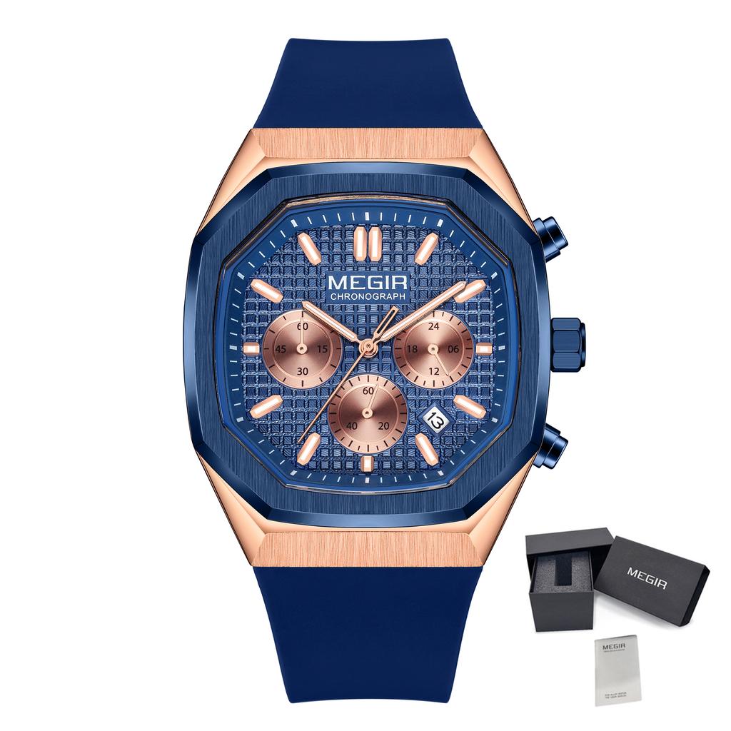 MEGIR 2215 Men Luxury Watches Fashion Casual Sports Chronograph Silicone Strap Quartz Wristwatch Calendar Waterproof Clock