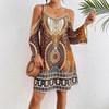 Women's Boho Geometric Print Cold Shoulder Spaghetti Strap Flare Sleeve A Line Mini Dress