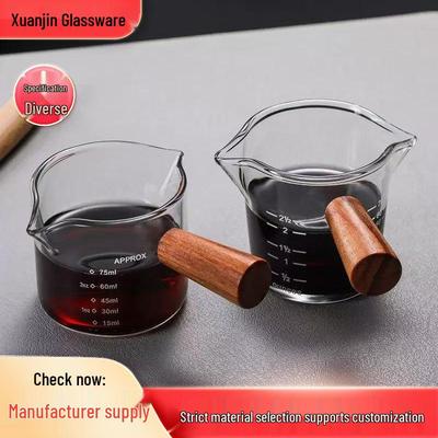 Wooden Handle Glass Measuring Cup with Scale - Stylish, Heat-Resistant Coffee Creamer Container