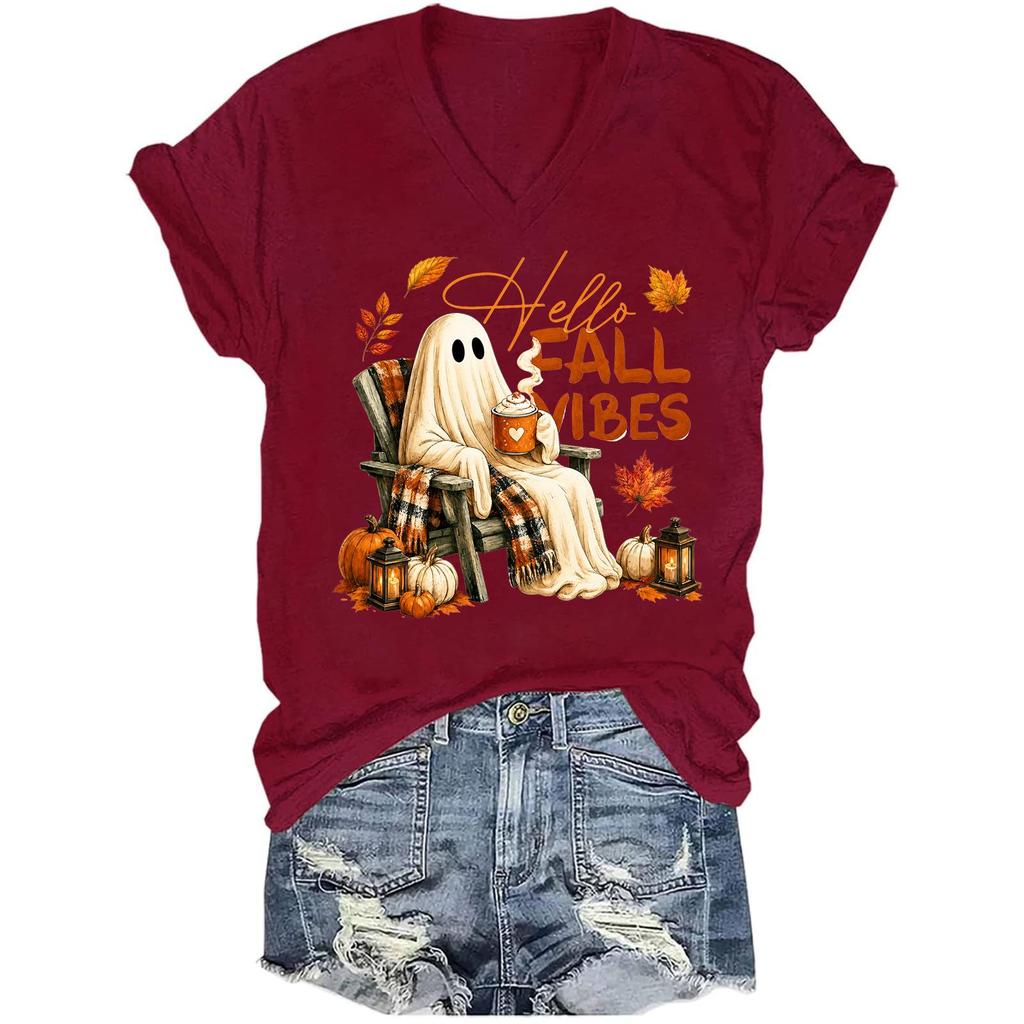 Women's Halloween Print Short Sleeve V-Neck T-Shirt Casual Top