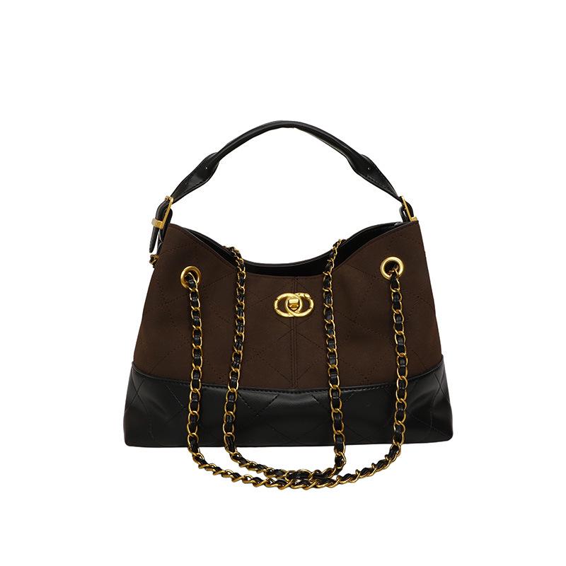 

Женская ретро-сумка-тоут с цветными блоками и цепочкой - Универсальный стиль через плечо и кроссбоди для повседневного использования кофейный