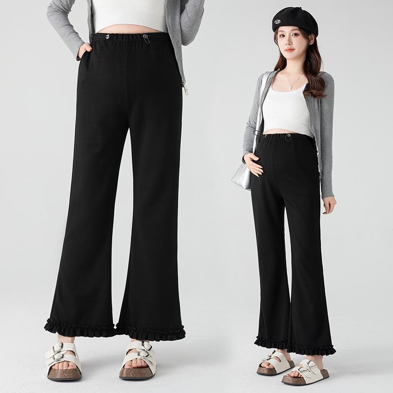 High Waist Ruffle Trim Maternity Pants - Spring & Autumn Micro Flare, Casual Loose Fit, Cropped Tailored.