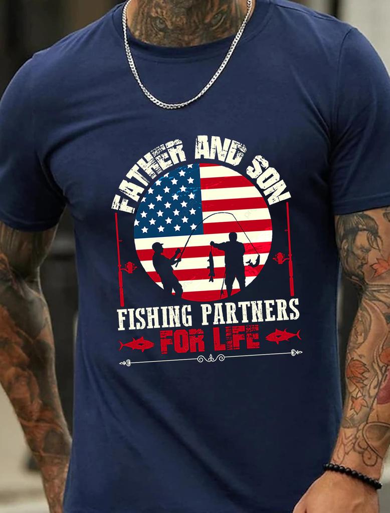 American Flag 3D Printed Tee Tops Father Son Fishing Pattern Round Neck Short Sleeve Loose Enlarged T Shirt