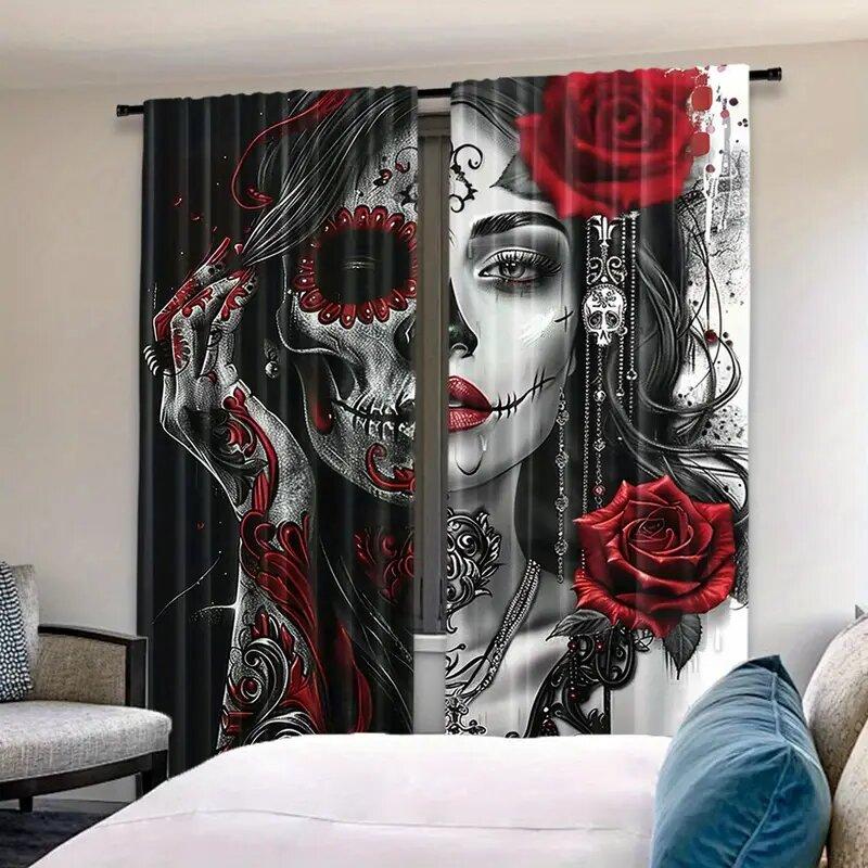 Set Of 2 Gothic Skeletons Red Roses Printed Curtains Pole Bag Bedroom Living Room Home Decoration Curtain Polyester Perfect For Area
