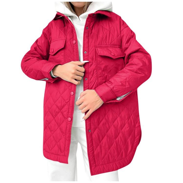 Thickened Warm Cotton Coat Women Long Loose Button Down Lapel Diamond Pattern All Season
